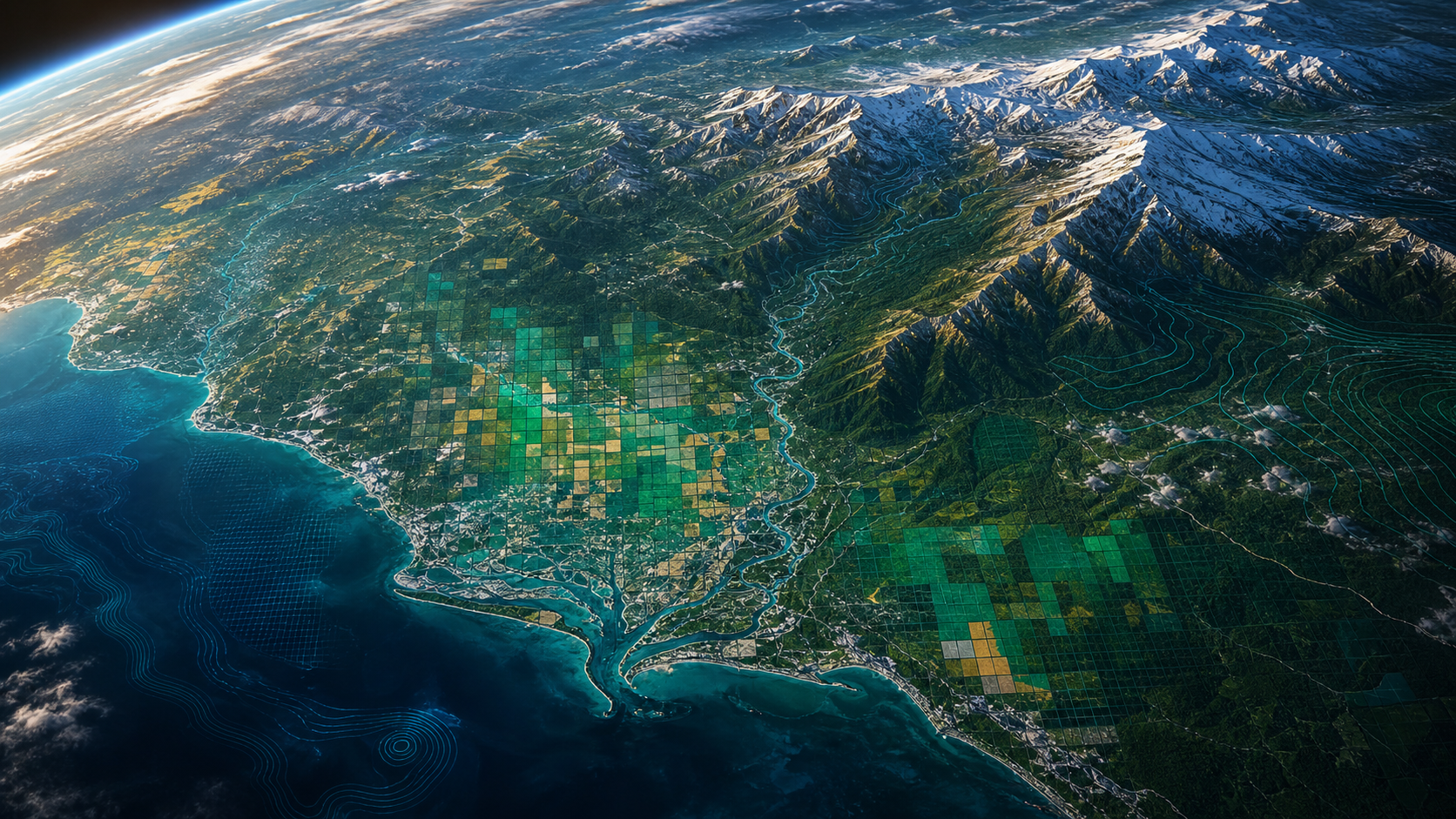 Satellite view of coastlines, agriculture, rivers, and mountains with geospatial data overlays